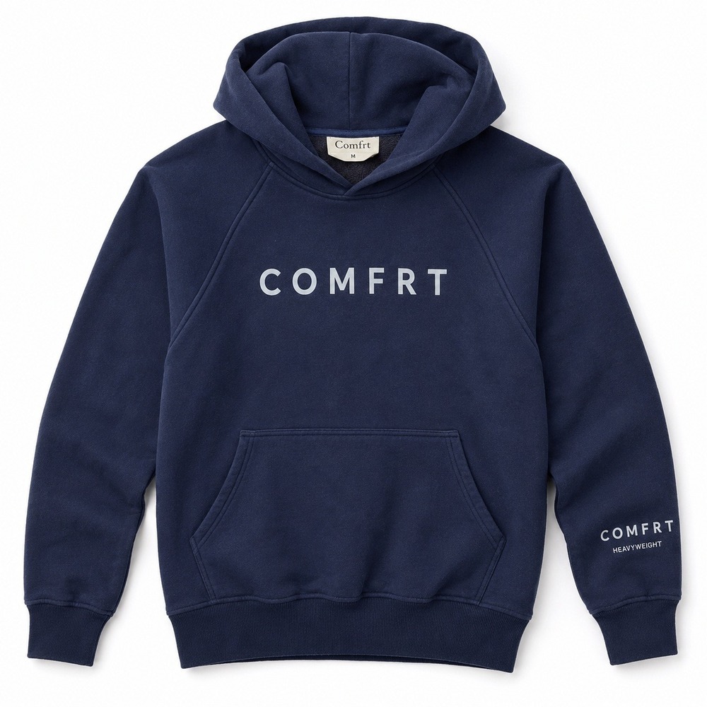 Comfrt Heavyweight Hoodie Womens M Navy Blue Logo Raglan Sweatshirt Comfy Cozy